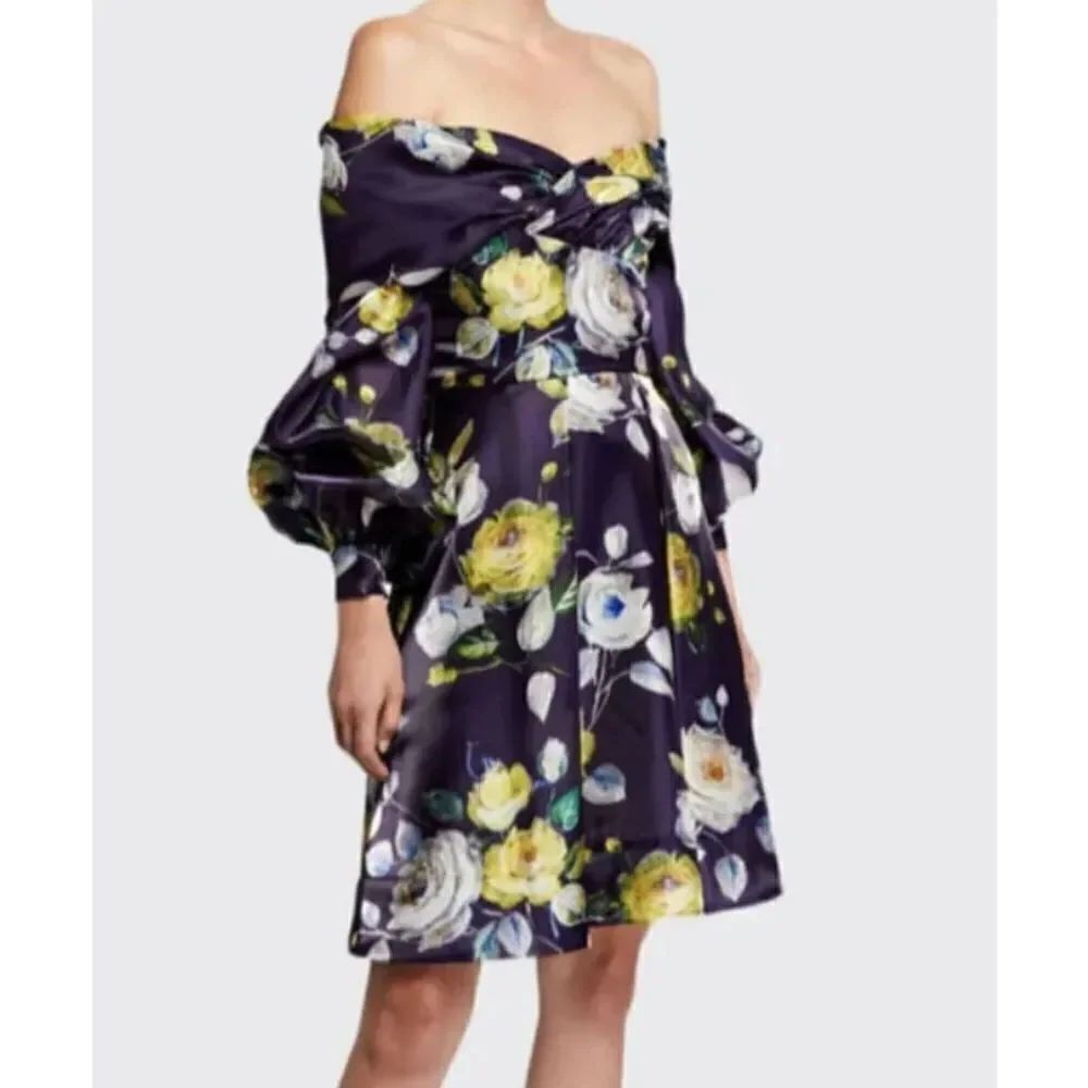 NWT FLOR ET.AL Abba Neon Purple Floral Off-the-Shoulder Dress sz 2